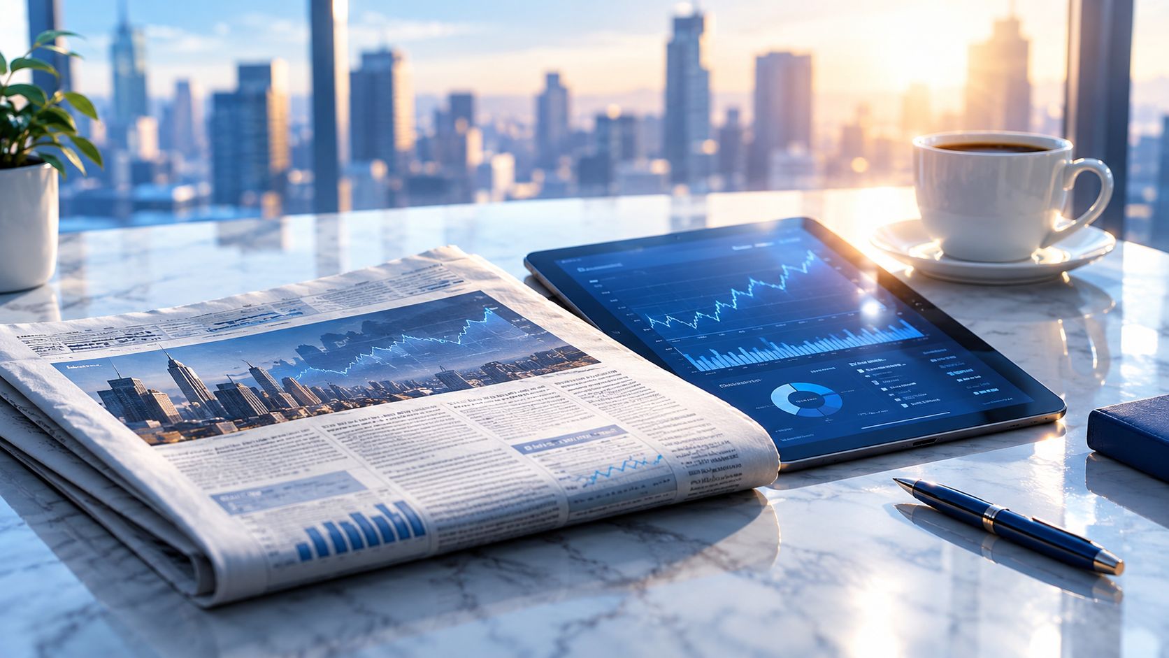 Financial newspaper tablet with charts and coffee on a desk