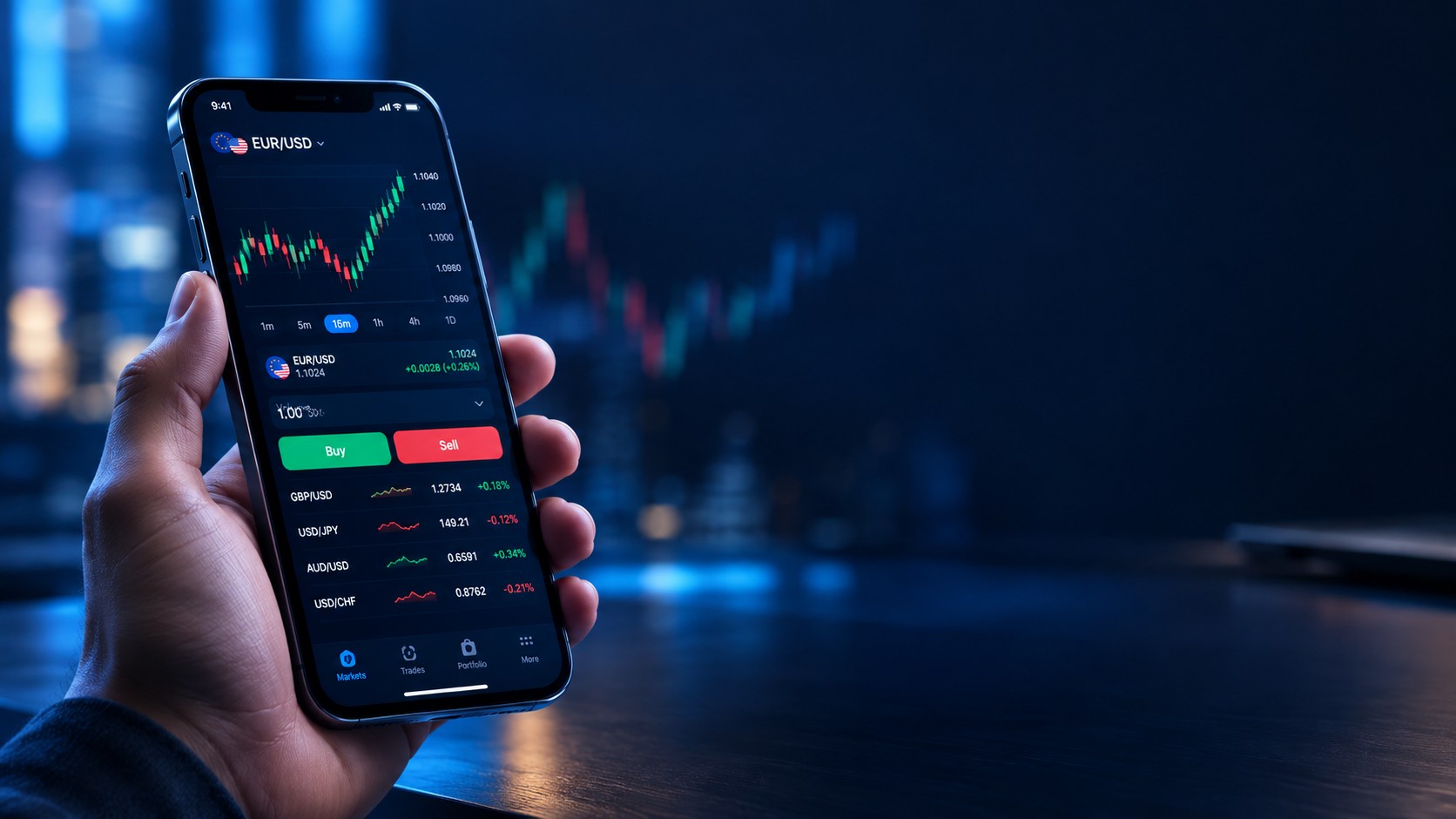 Smartphone showing a clean forex trading interface held in hand